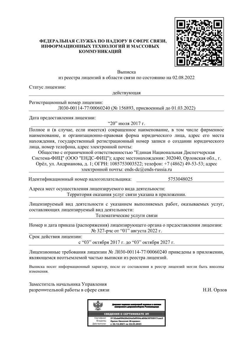 Выписка. Лицензия. Телематические услуги связи